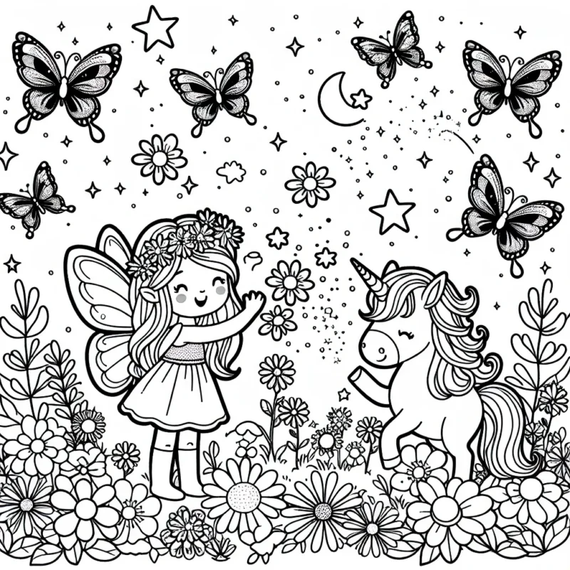 Une fée avec une petite licorne dans un jardin magique de fleurs et d'étoiles, entourée de papillons brillants
