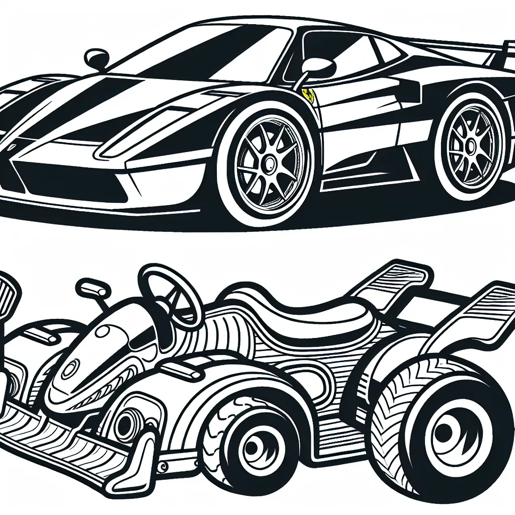 Dessine les voitures emblématiques des marques Ferrari, Porsche, et BMW séparément, avec beaucoup de détails pour reconnaître chaque marque.
