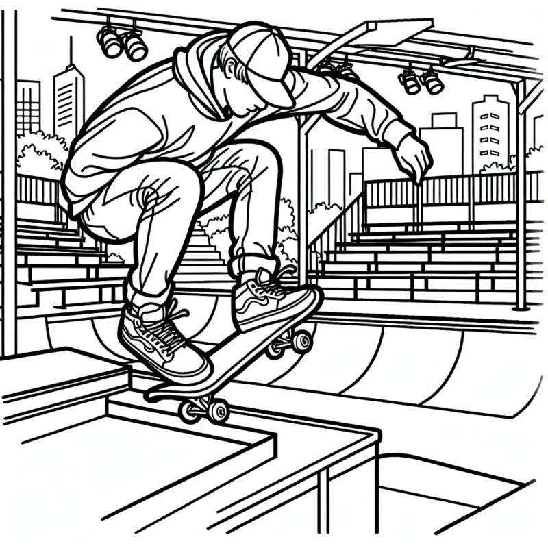 Dessin représentant un skateur professionnel réalisant une figure complexe dans un skatepark urbain