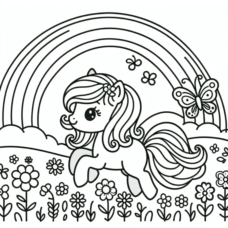 Un petit poney avec une longue crinière ondulée et des ailes de papillon, gambadant dans une prairie fleurie sous un arc-en-ciel.