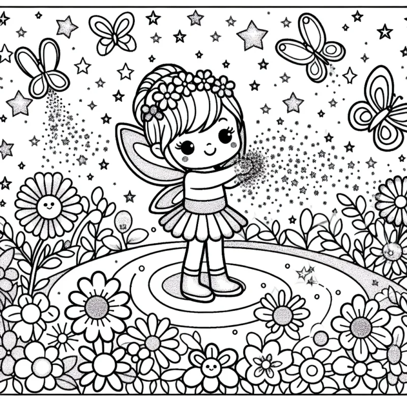 Une petite fée éparpillant des paillettes magiques sur une cour de fleurs multicolores entourée de papillons étincelants et de licornes.