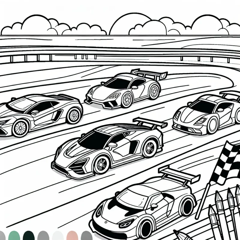 Image à colorier montrant différentes voitures sur un circuit de course