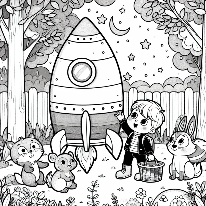 Un petit garçon joue avec une fusée spatiale grandeur nature dans son jardin, entouré d'animaux de la forêt qui le regardent avec émerveillement.