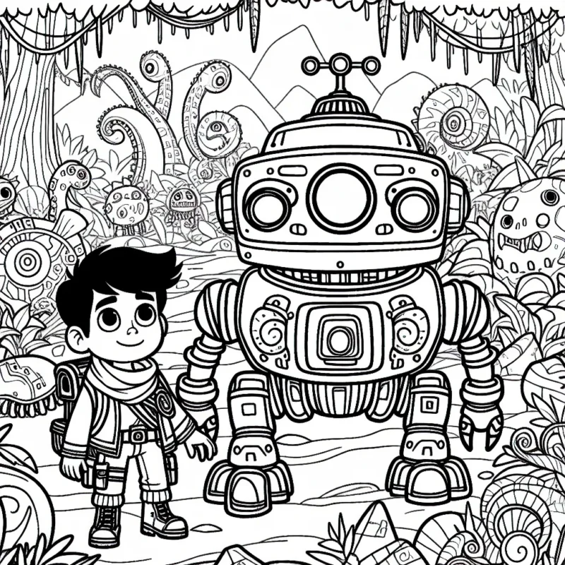 Un jeune aventurier avec son fidèle robot explore une jungle mystérieuse remplie de créatures étranges et d'anciennes reliques.