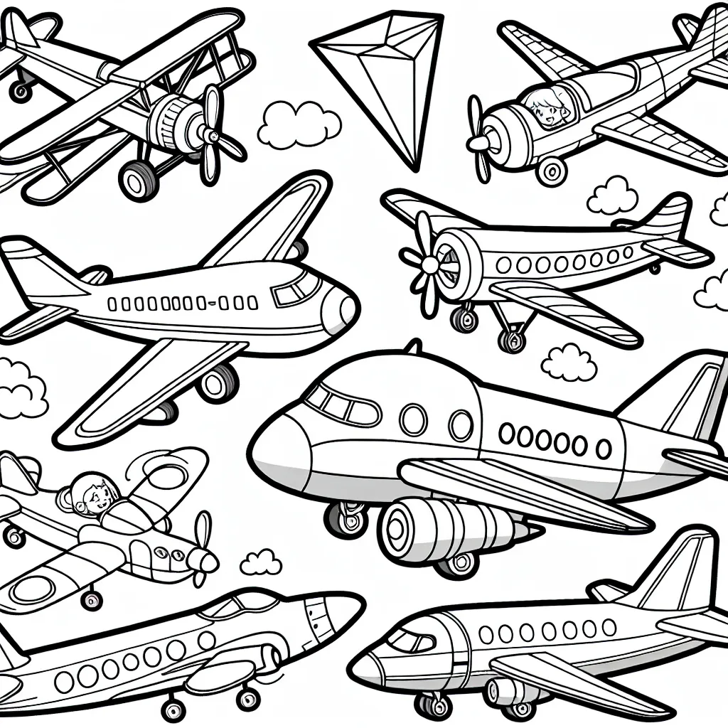 Prépare-toi pour un merveilleux voyage à travers les cieux avec cet avant-projet de coloriage sur le thème des avions ! Avec une variété d'avions en papier, de jets de combat, d'avions de ligne, et même un avion de dessin animé souriant, il y a beaucoup d'images amusantes à colorier pour les enfants de tous âges.