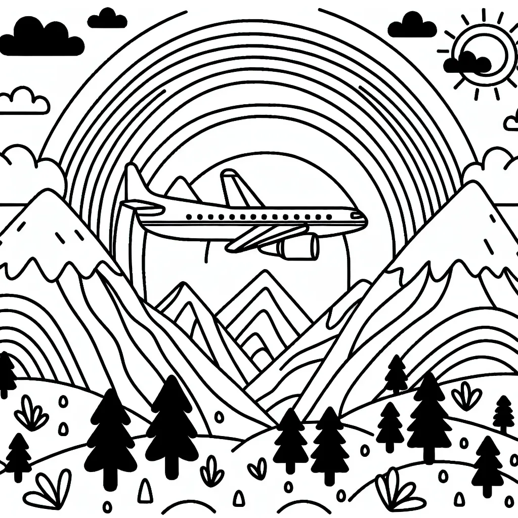 Un avion de ligne survole un paysage montagneux parsemé de forêts, avec un arc-en-ciel dans le ciel.