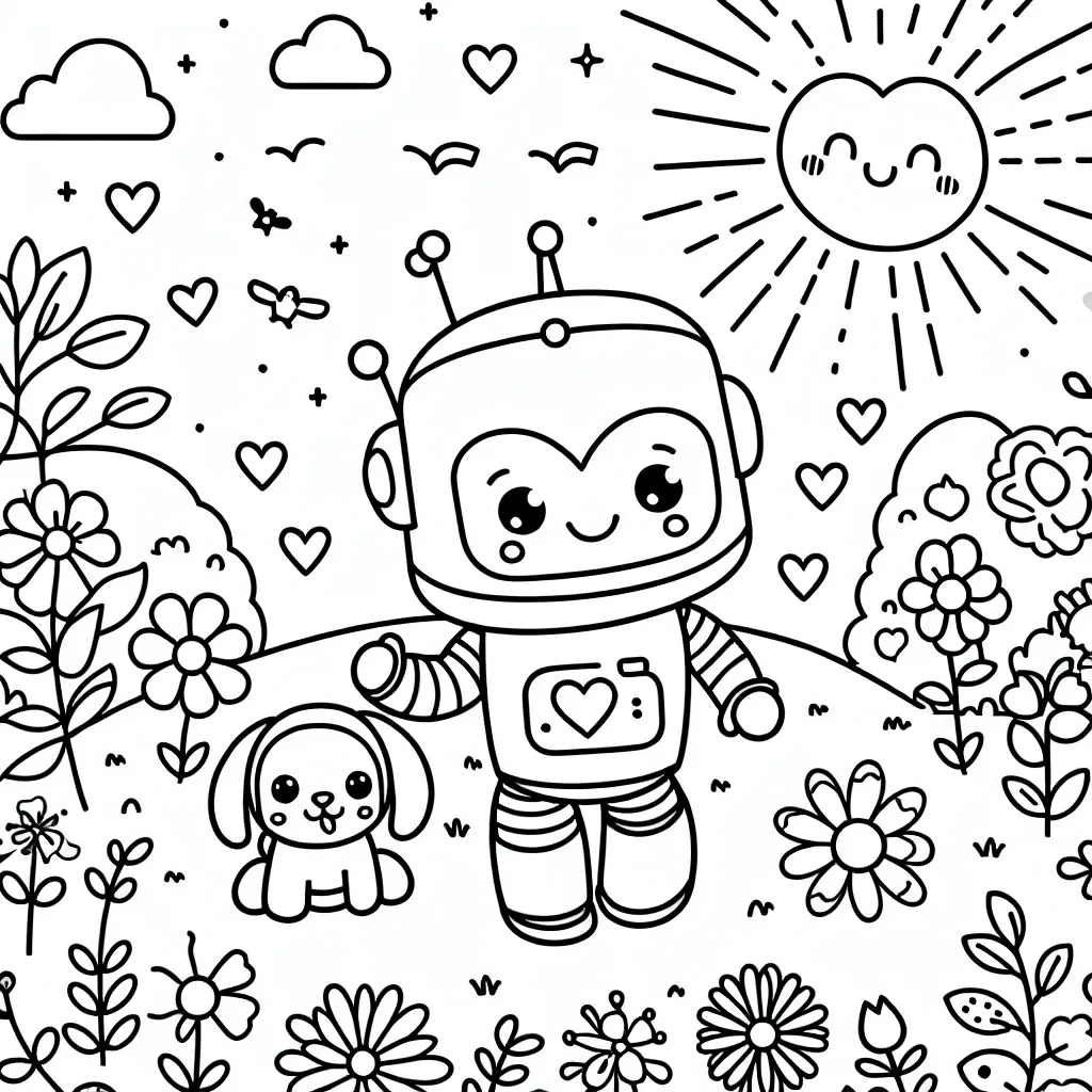 Un petit robot mignon avec un grand cœur brillant marche avec un chiot dans un jardin rempli de joyeuses fleurs, sous un ciel radieux gorgé de soleil et d'oiseaux.