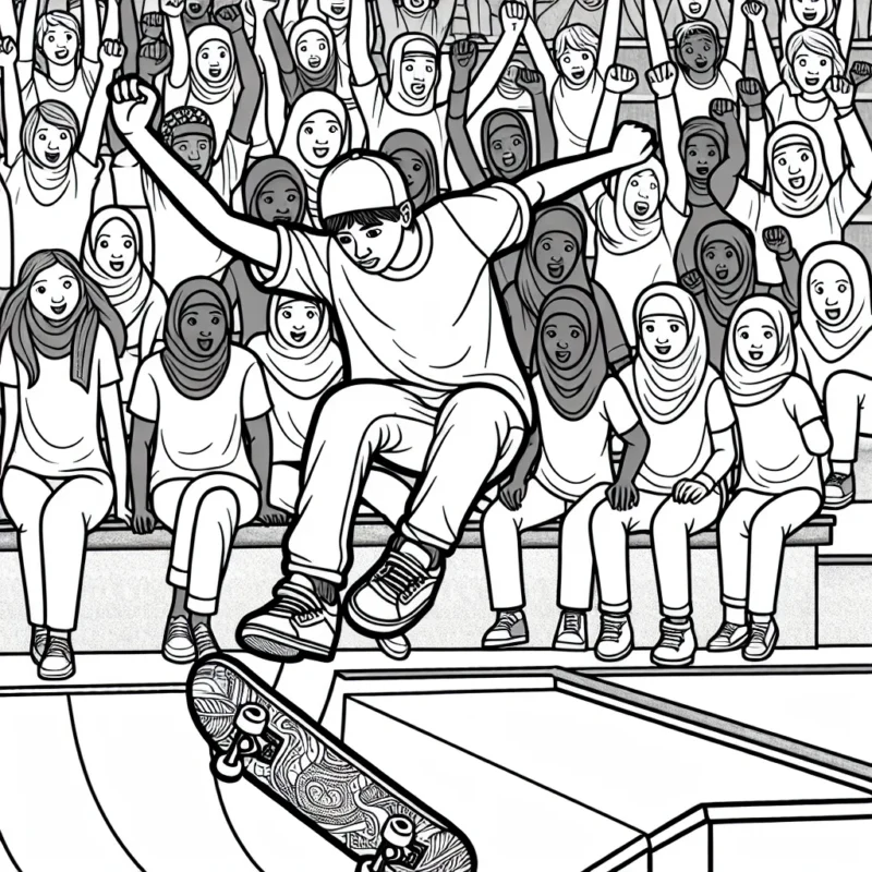 Dessine un skateboarder qui fait un trick impressionnant sur une rampe de skatepark, avec un public qui l'encourage en arrière-plan.