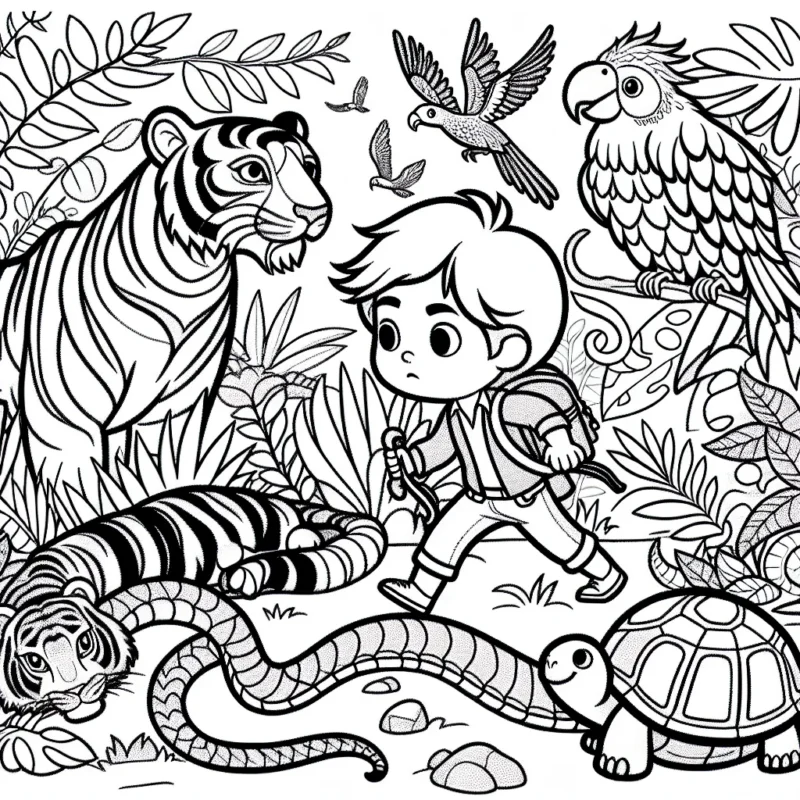 Un petit garçon courageux s'aventure dans une jungle mystérieuse peuplée d'animaux sauvages. Il rencontre un puissant tigre, un serpent vibrant, un perroquet coloré et une tortue sage. Aide-le à donner des couleurs à cette aventure épique !