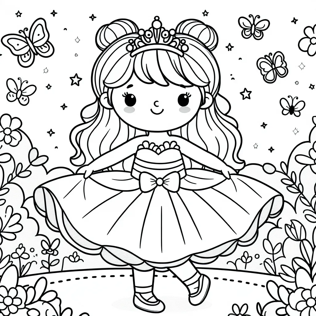 Image à colorier montrant une petite princesse dansante vêtue d'une belle robe, entourée de papillons et de fleurs dans un jardin magique.