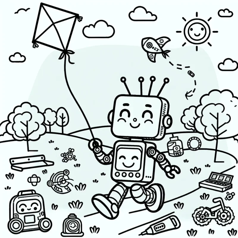 Un petit robot se baladant gaiement dans un parc ensoleillé fait même planer son cerf-volant. Autour de lui, divers gadgets et objets qu'il a fabriqués.