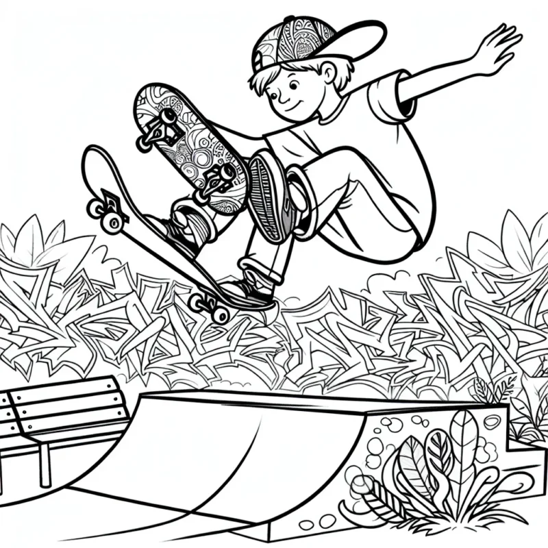 Un jeune skateur exécutant un saut impressionnant au-dessus d'une grande rampe avec des graffitis colorés en arrière-plan.