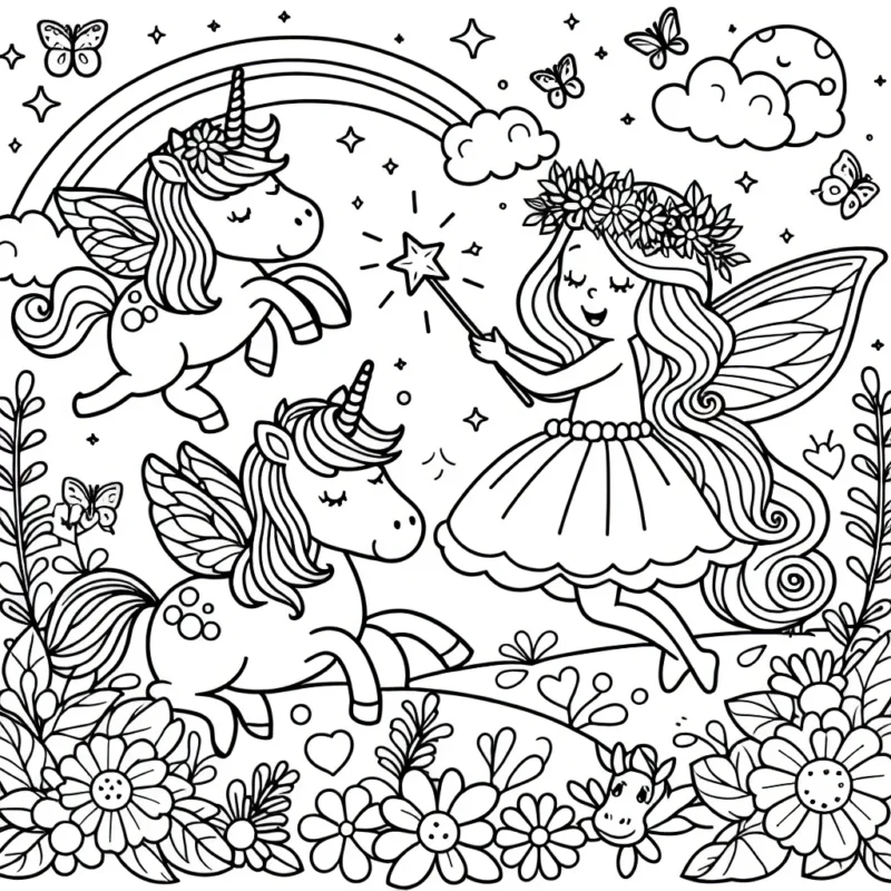 Dessine une fée enchantée, avec une baguette magique, jouant avec de belles licornes dans un royaume féerique rempli de fleurs