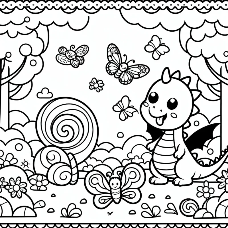 Un gentil dragon jouant avec des papillons dans une forêt de bonbons