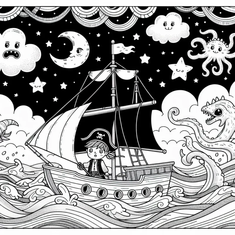 Un petit garçon intrépide navigue sur une mer déchaînée à bord de son bateau de pirates roboustes sous un ciel étoilé peuplé de créatures fantastiques.