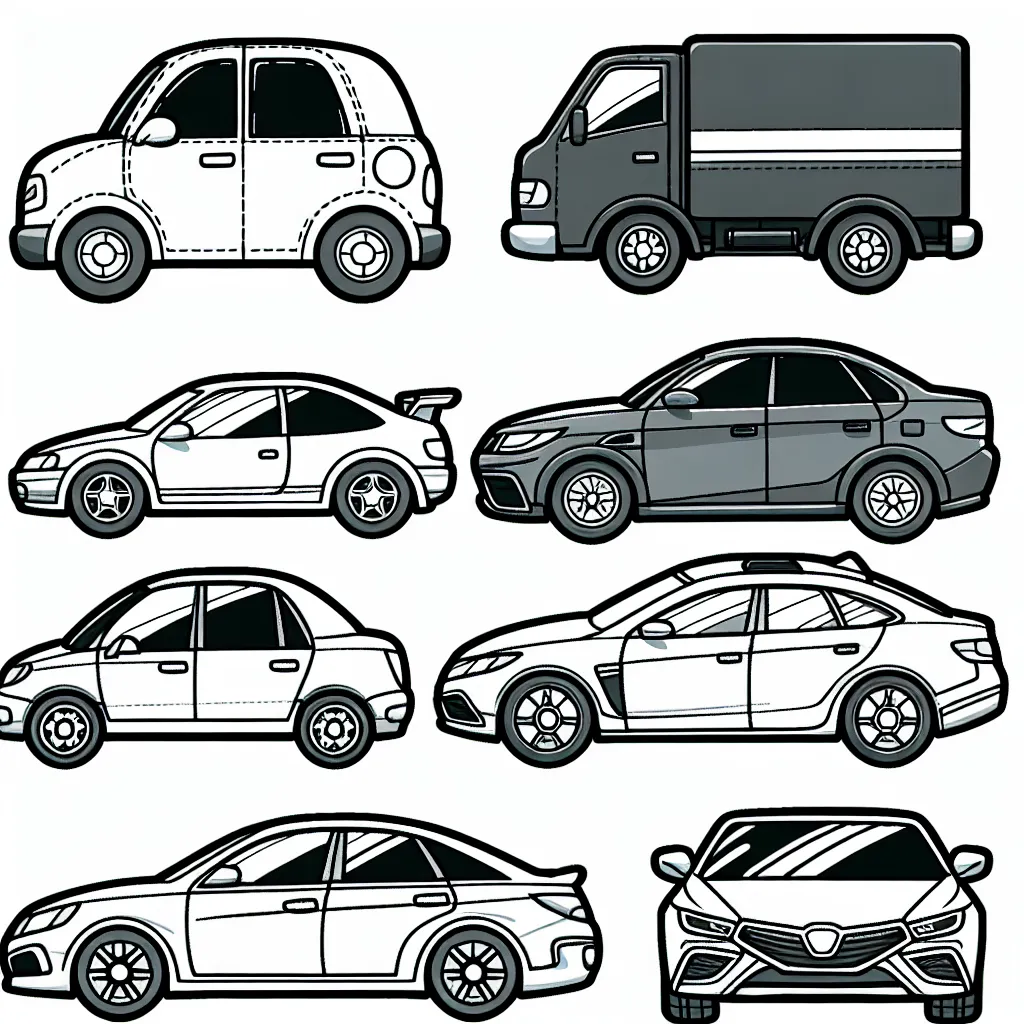 Dessine et colorie une sélection de voitures de marques populaires. Assure-toi d'inclure plusieurs marques comme Ford, Toyota, BMW et Mercedes.