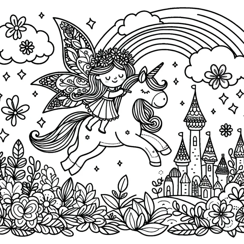 Une fée des fleurs s'envolant sur une licorne arc-en-ciel au-dessus d'un royaume enchanté