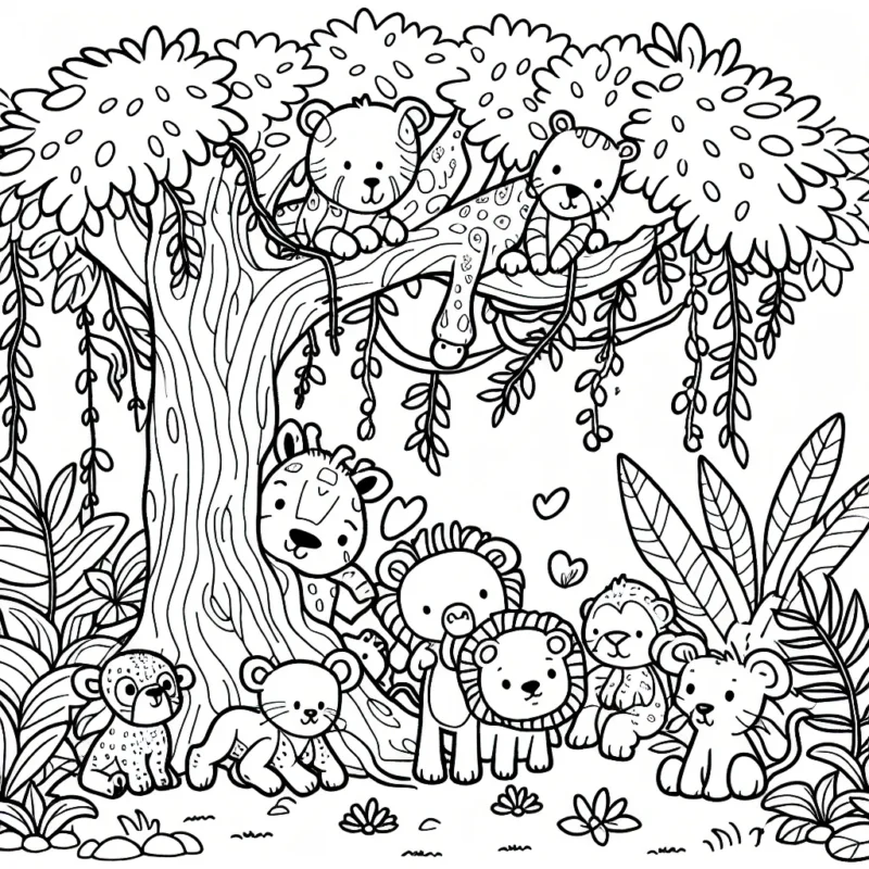 Un groupe d'animaux de la jungle jouant à cache-cache au milieu des arbres et des lianes