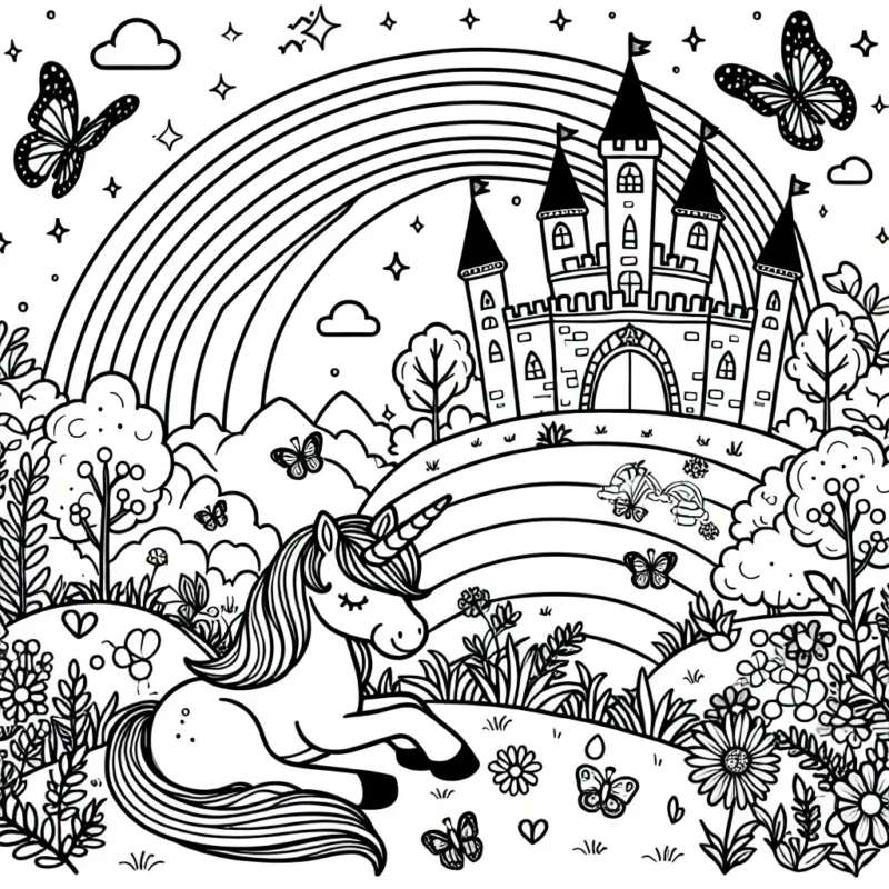 Un beau château enchanté sur une colline verdoyante avec une licorne allongée à côté, des papillons volent autour et un arc-en-ciel apparaît dans le ciel après une légère pluie d'été.