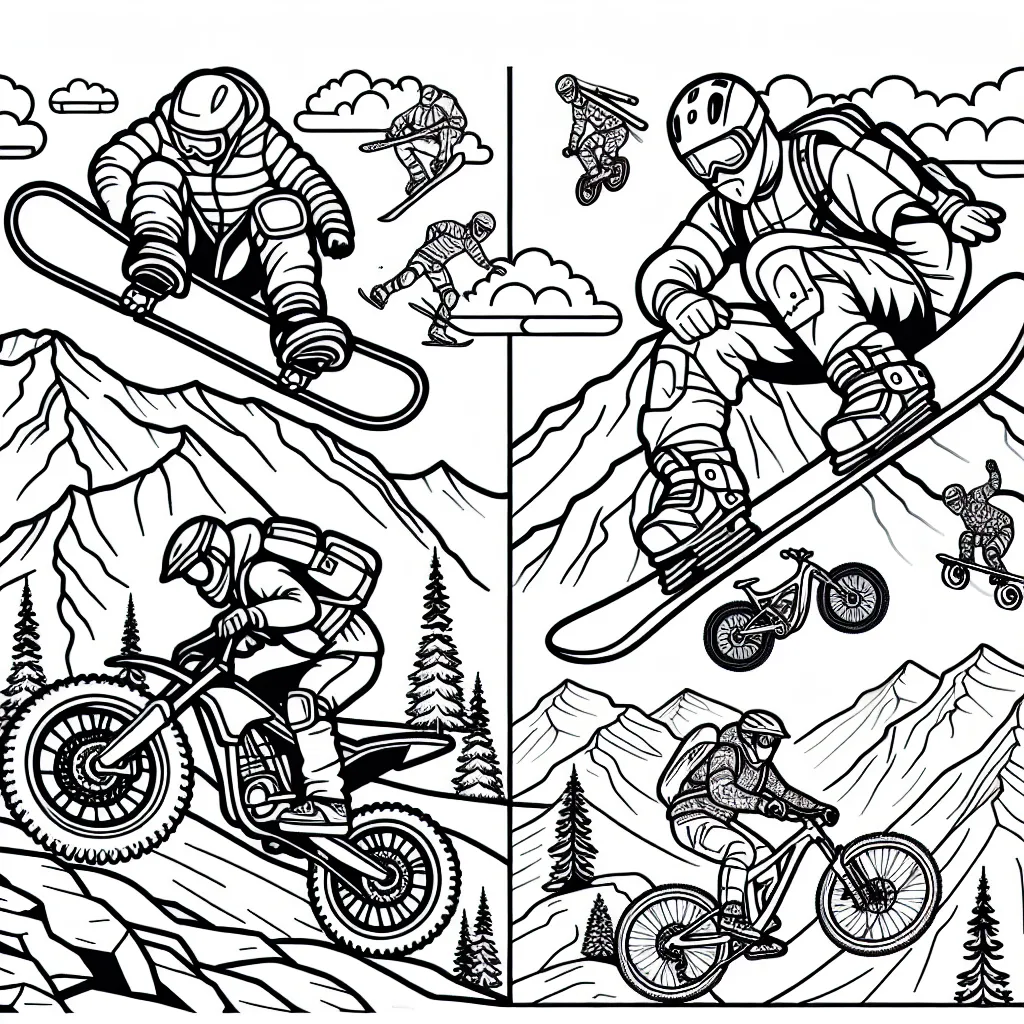 Sur cette page, il y a une variété d'illustrations de sports extrêmes à colorier. On y trouve des snowboardeurs descendent la pente à grande vitesse, des skateurs prennent des virages en l'air, des grimpeurs s’attaquent à haute montagne et des cyclistes de montagne naviguent sur les terrains rocheux. N’oublie pas de donner des vives couleurs à ces aventures palpitantes!