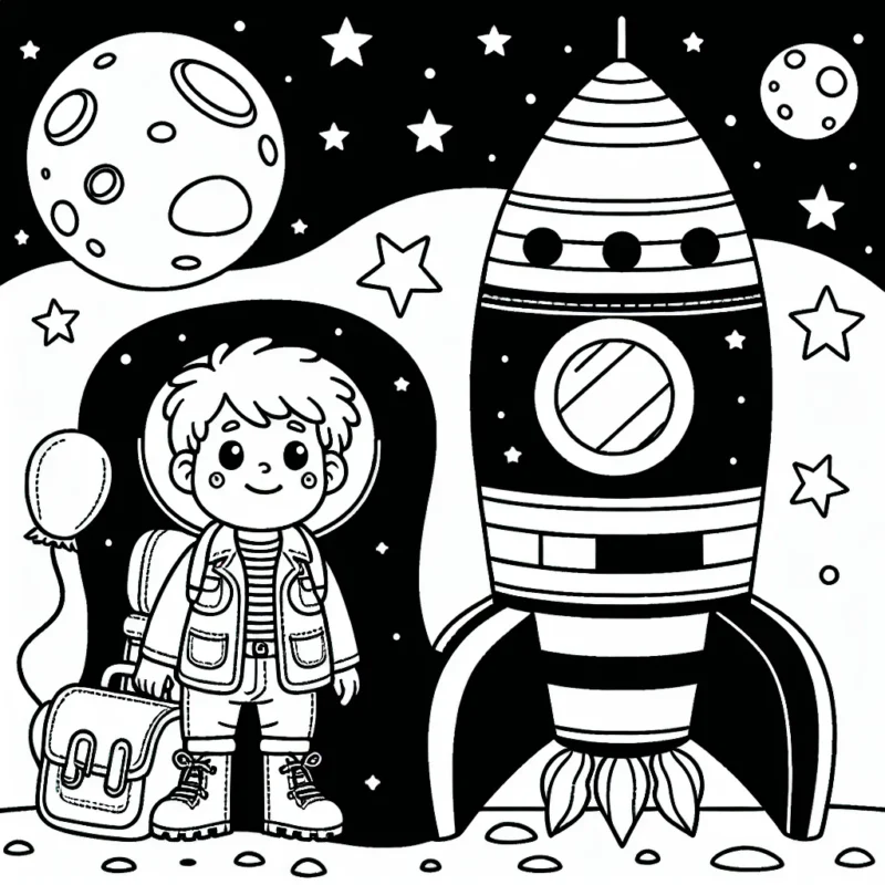 Un jeune explorateur à côté de sa fusée spatiale, prêt pour son voyage vers la lune.