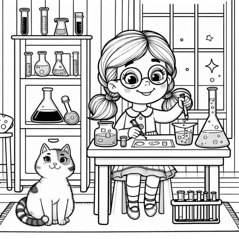Une petite fille confiante équipée de jolis équipements de scientifique fait une expérience fascinante dans son laboratoire maison tout en étant accompagnée de son chat intrigué.