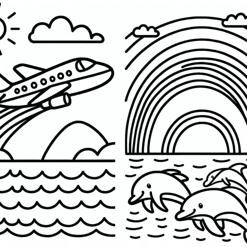 Dessine un avion à réaction survolant l'océan, avec un arc-en-ciel dans le ciel et des dauphins jouant dans l'eau.