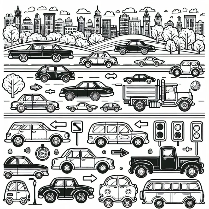 Sur cette page, il y a une variété de voitures de différentes époques et de différentes formes. Certaines voitures sont stationnées tandis que d'autres sont en mouvement. Certains arbres et bâtiments lointains sont aussi visibles en arrière-plan. Il y a aussi des panneaux de signalisation à colorier.