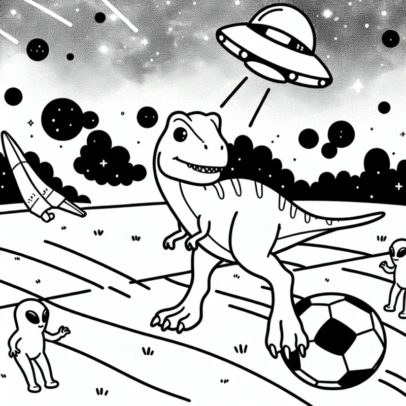 Un grand dinosaure T-rex amical joue au football avec des extraterrestres dans l'espace
