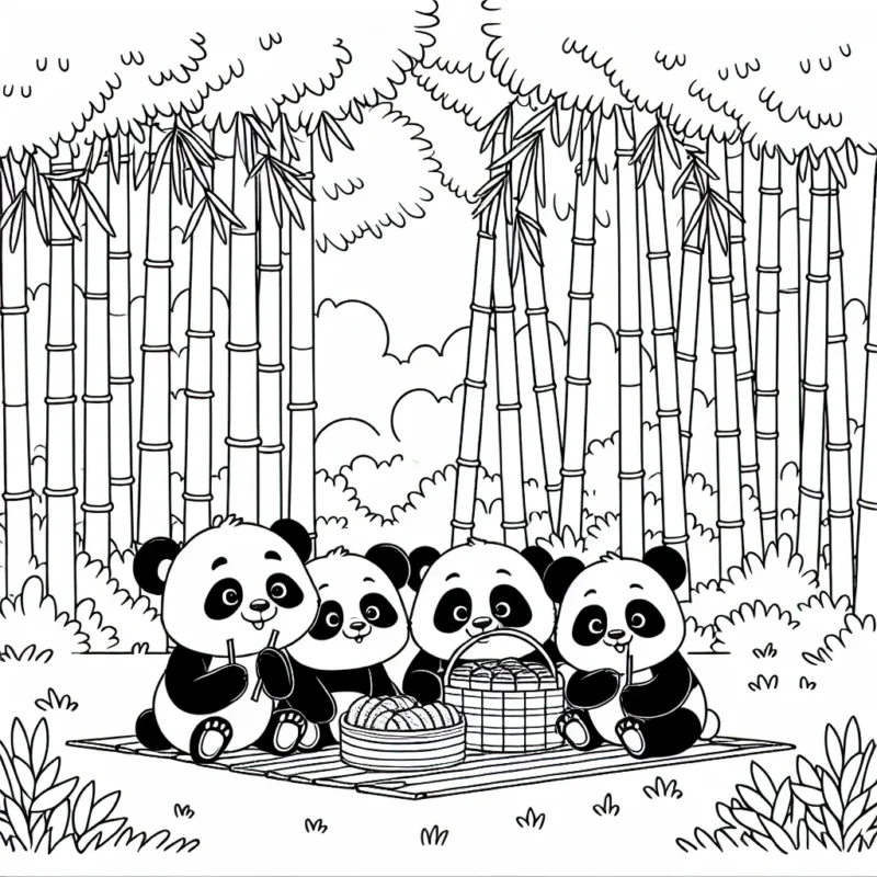 Un groupe de pandas qui font un pique-nique dans une forêt de bambous.