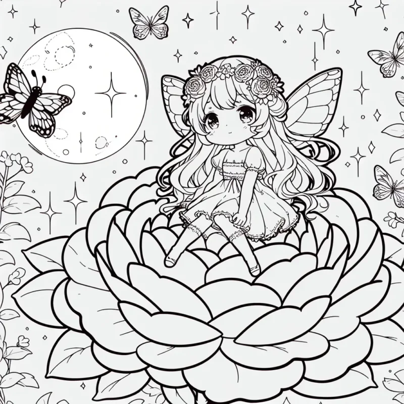 Une petite fée anime est assise sur une fleur de camélia en plein épanouissement sous le doux rayon de lune, entourée de papillons scintillants et de lucioles brillantes.