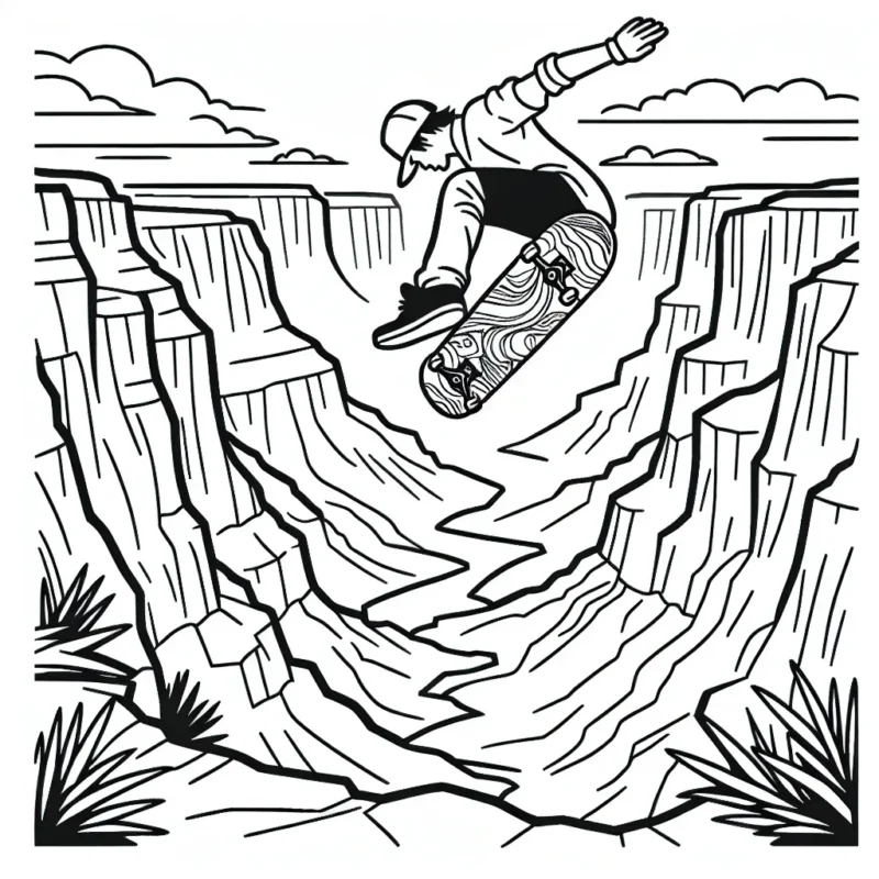 Dessine un skateur exécutant un flip incroyable au-dessus d'un canyon impressionnant.