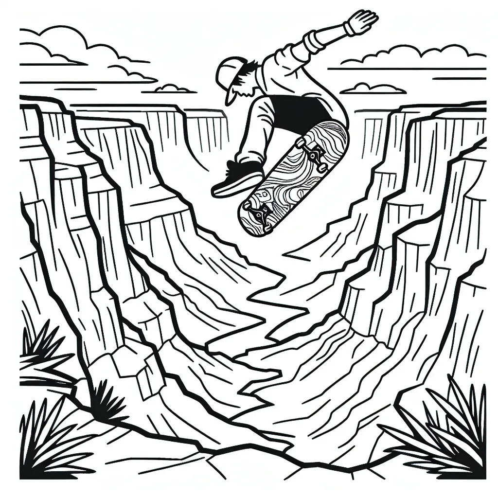 Dessine un skateur exécutant un flip incroyable au-dessus d'un canyon impressionnant.