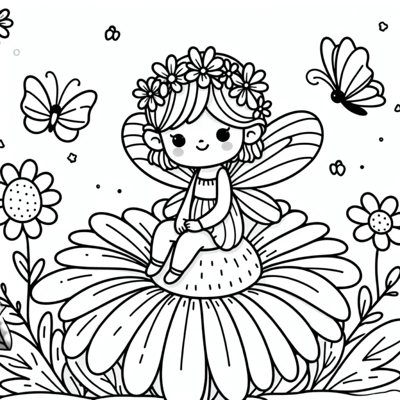 Imagine à colorier une petite fée des fleurs, assise sur un doux pétale de marguerite, qui utilise ses pouvoirs magiques pour aider les fleurs à fleurir alors que les papillons dansent autour d'elle.