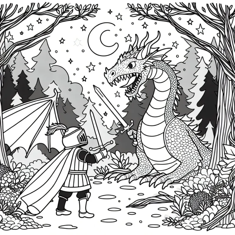 Un jeune garçon vêtu de son plus beau costume de chevalier, affrontant un puissant dragon dans une forêt enchantée, avec un ciel étoilé en fond.