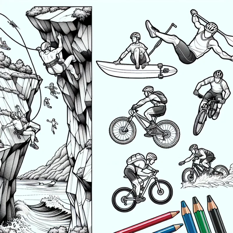 Sur cette page, tu trouveras plusieurs sportifs s'adonnant à des sports extrêmes. De l'escalade de falaise au surf sur des vagues géantes, en passant par le saut à vélo sur de grands obstacles, ton défi sera de leur donner vie avec tes crayons de couleurs !