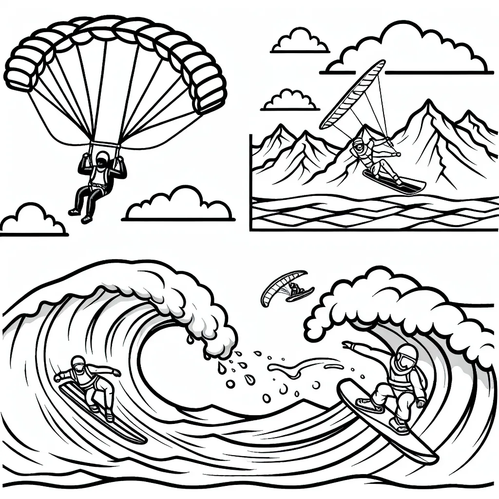 Dessine un parachutiste survolant la montagne, un surfeur affrontant une énorme vague et un skieur faisant une cascade.