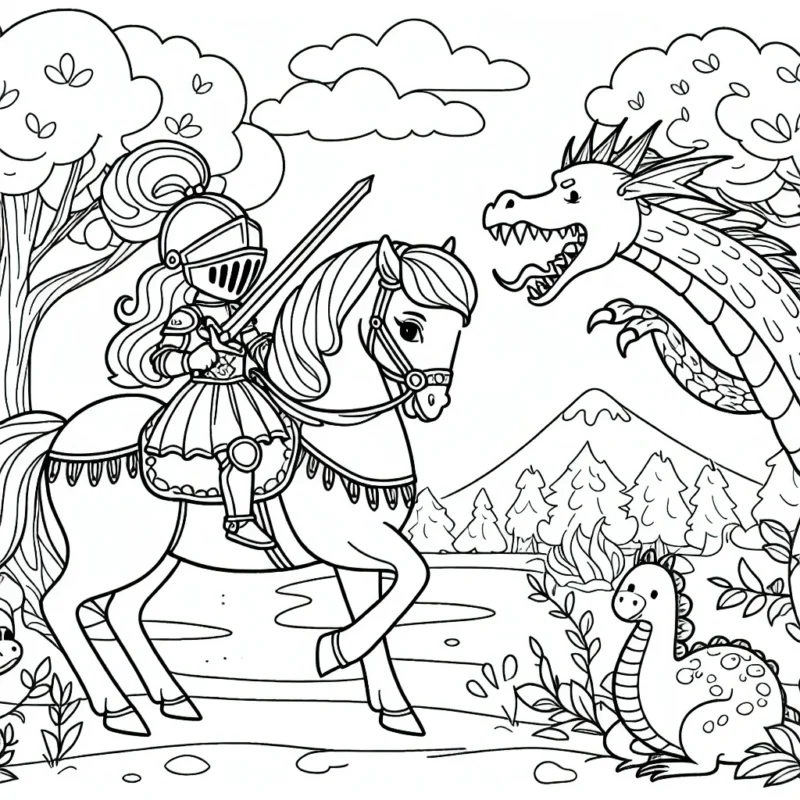 Une princesse chevalier courageuse sur son cheval majestueux, affrontant un dragon fripon tout en protégeant une forêt d'animaux sages et joyeux