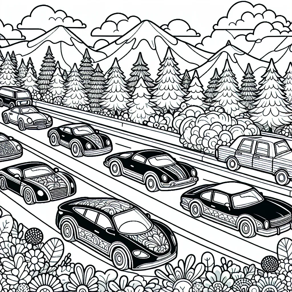 Sur le dessin, il y a plusieurs belles voitures alignées sur une autoroute entourée de montagnes, d'arbres et de fleurs. Chaque voiture est unique dans sa forme et son style. Vous pouvez voir une partie de l'intérieur de chaque voiture à travers ses fenêtres.
