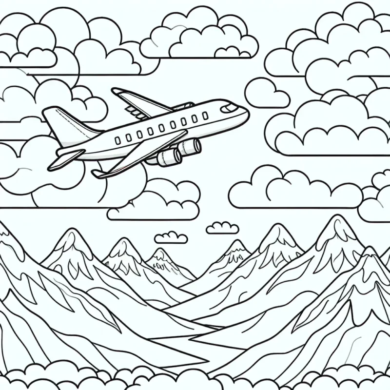 Dessinez un avion qui survole les nuages majestueux et le beau paysage de montagnes enneigées en dessous.