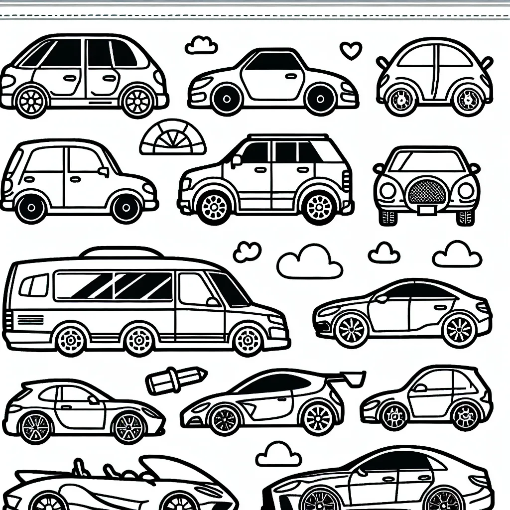 Crée un coloriage mettant en scène différents modèles de voitures triées par marque.