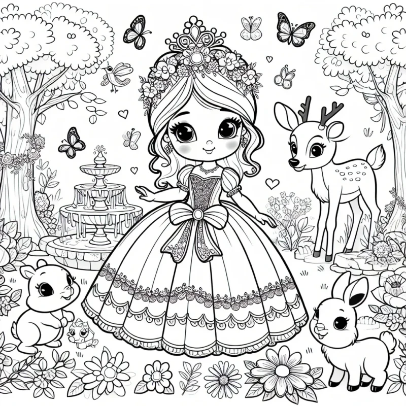 Une princesse gracieuse habillée dans une magnifique robe est dans un jardin enchanté, entourée d'animaux charmants.