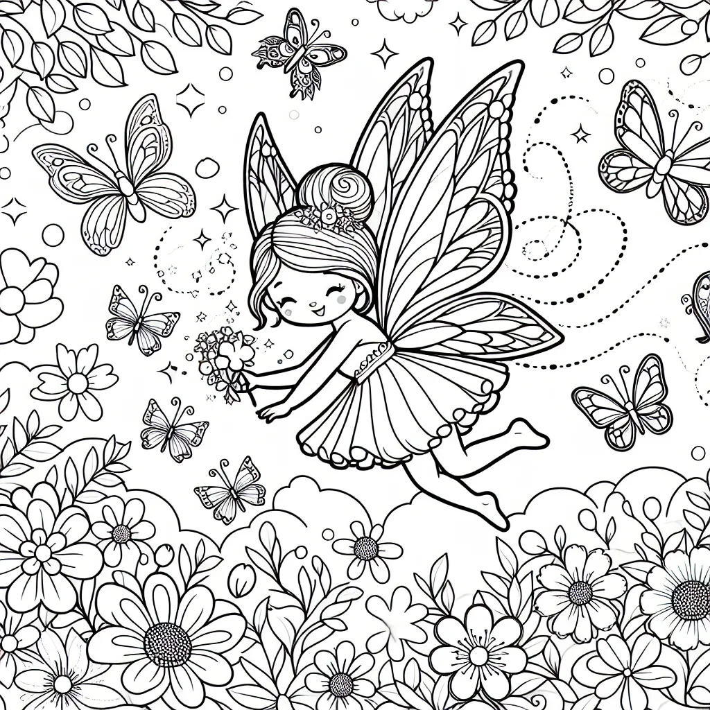 Un magnifique monde féérique plein de magie, avec une adorable petite fée douce et aile brillante, volant parmi de belles fleurs, de doux papillons et de gentils animaux de la foret.