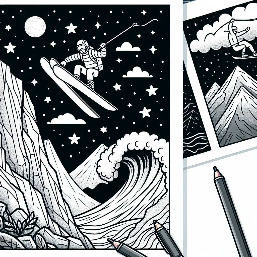 Dessine un grimpeur sur une haute montagne rocheuse, un surfeur attrapant une vague géante et un sauteur à ski volant dans les airs sur un fond de ciel étoilé.
