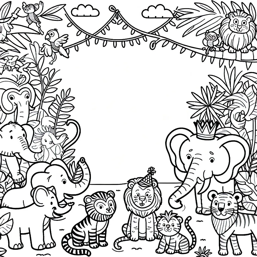 Dessine une bande d'animaux sauvages qui se prépare une grande fête dans la jungle
