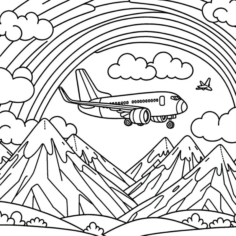 Un avion majestueux glisse dans le ciel au-dessus des montagnes enneigées et d'un arc-en-ciel lumineux.
