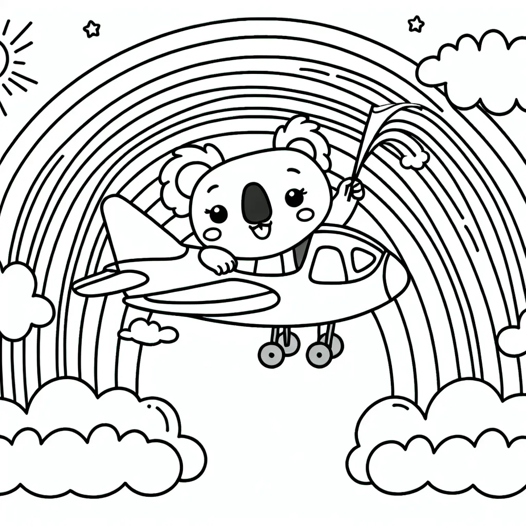 Un avion s'envole dans le ciel ensoleillé, au-dessus d'un arc-en-ciel vibrant avec une bande de nuages espiègles. Le pilote, un koala amical, salue de la fenêtre.