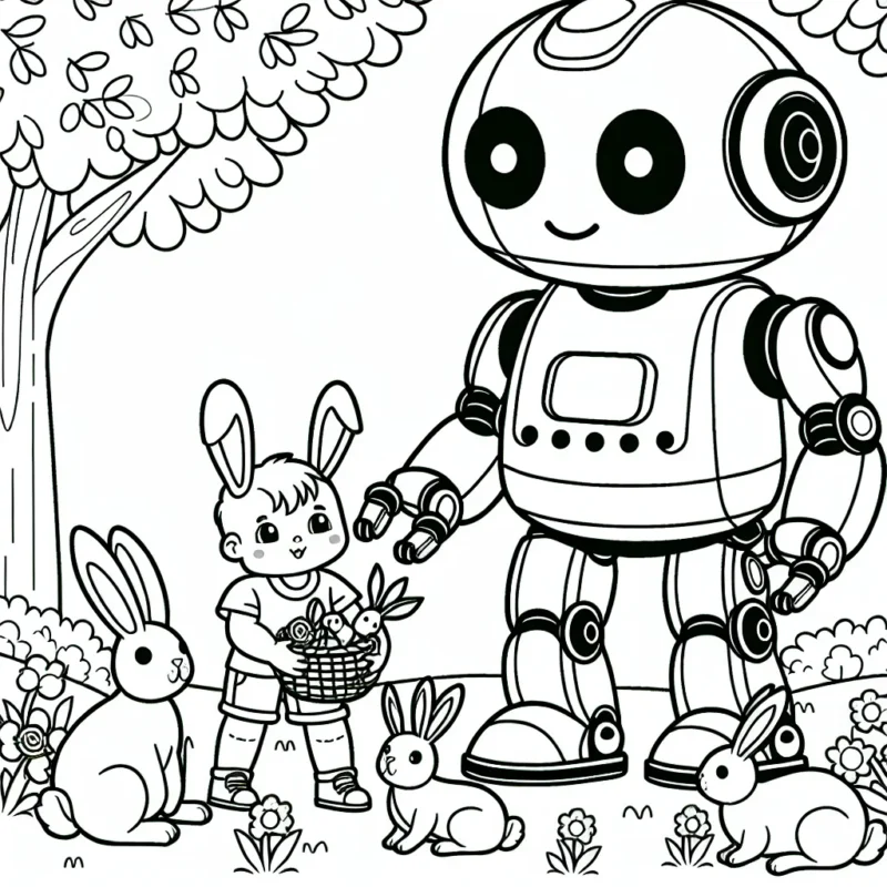 Un robot-amie super intelligent jouant avec une famille de lapins dans le Parc