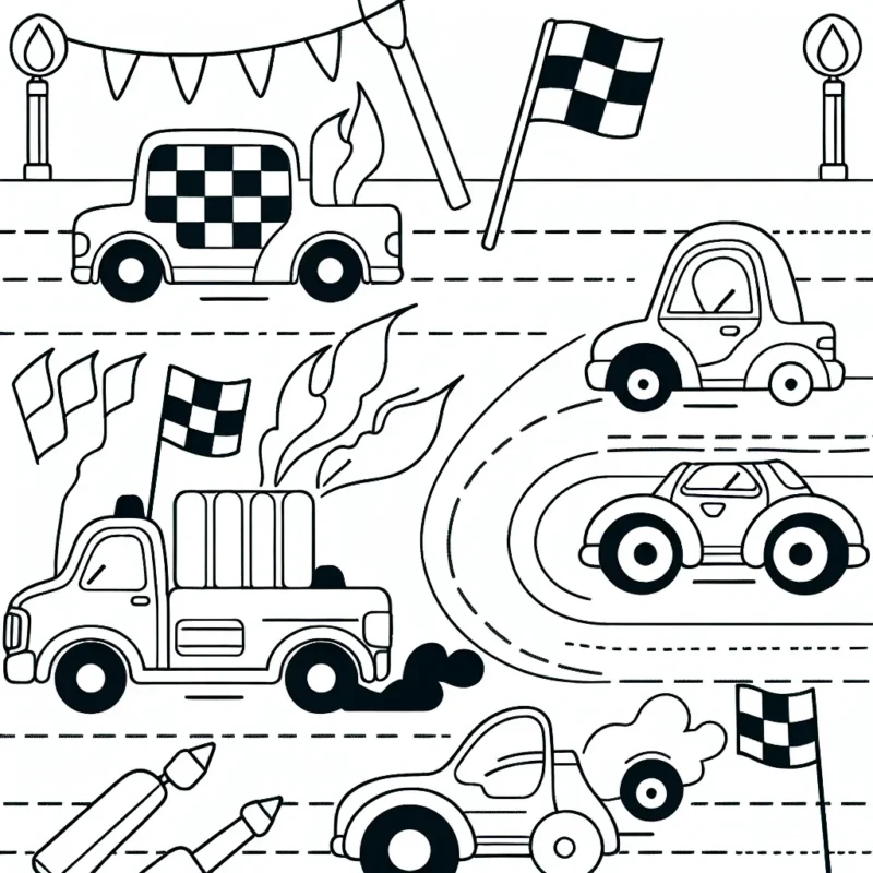 Dessine une course de voitures avec des véhicules de différentes tailles et couleurs. N'oublie pas d'ajouter des détails comme les phares, les roues et peut-être même quelques drapeaux pour encourager les pilotes !