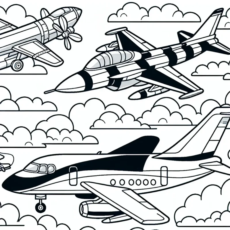 Imagine les dessins détaillés de différents types d'avions. Le premier est un avion de chasse moderne avec ses ailes pointues et son moteur puissant. Le deuxième est un vieil avion à hélice de l'époque des pionniers de l'aviation. Le troisième est un grand avion de ligne, prêt à emmener des passagers à travers le monde. Le quatrième est un planeur élégant, glissant sans bruit dans le ciel. Placez ces avions sur un fond de ciel avec des nuages afin de permettre aux enfants d'utiliser une large gamme de couleurs.